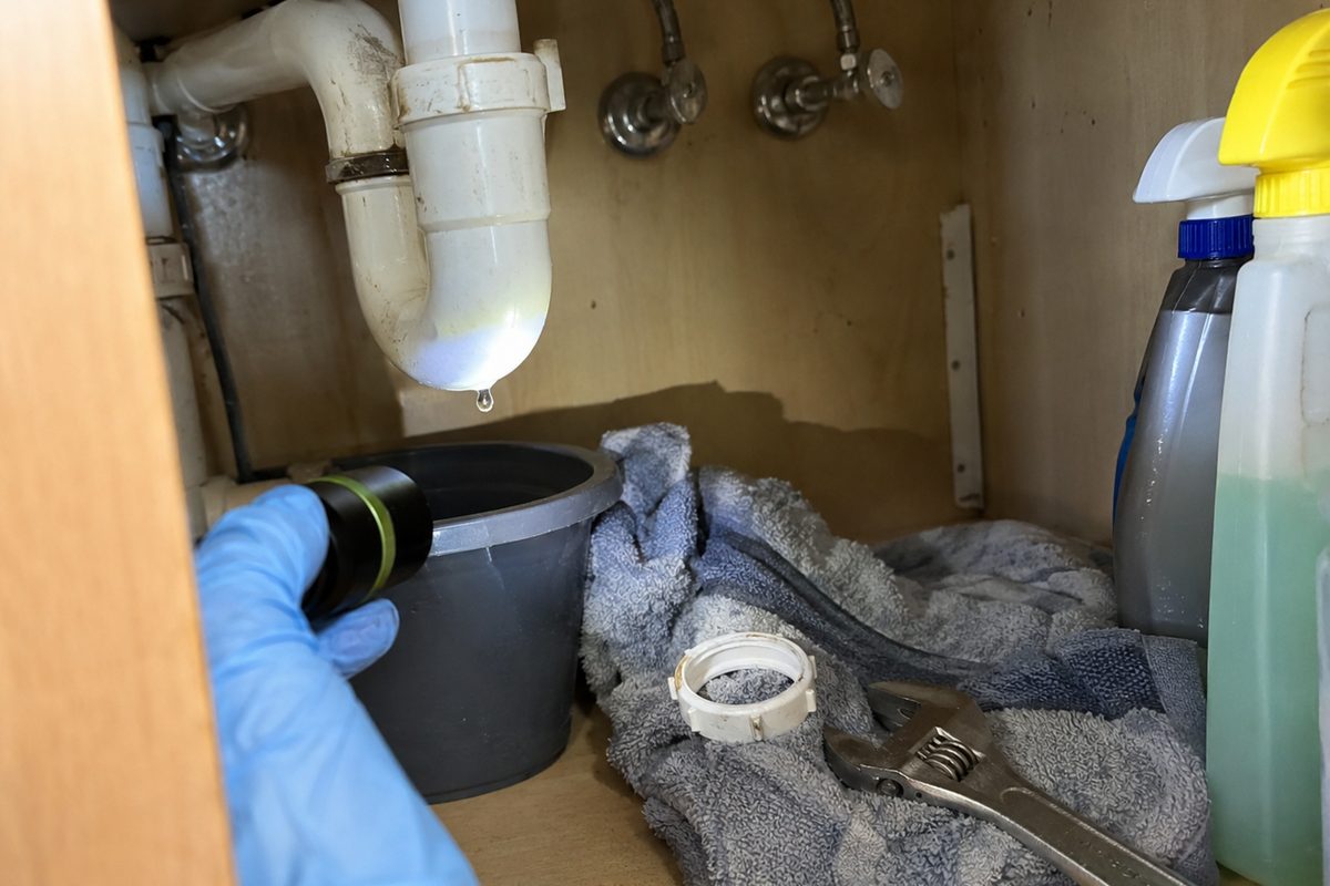 A gloved hand shining a flashlight on a water drip from a sink drain trap, with a bucket, a towel, a loose slip nut, and a wrench on the cabinet floor below.