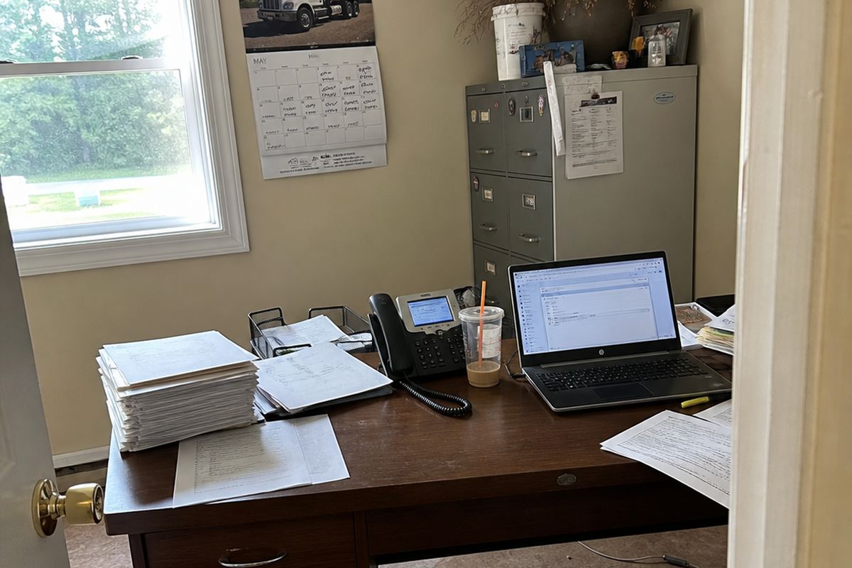 A small cluttered contractor's home office with a desk phone, laptop, and stacks of paper invoices.
