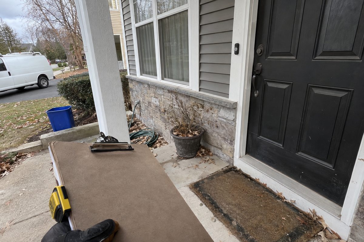 A gloved hand holding a clipboard and tape measure on a front porch beside a closed door and a worn doormat, with a white work van in the driveway, flat overcast daylight.