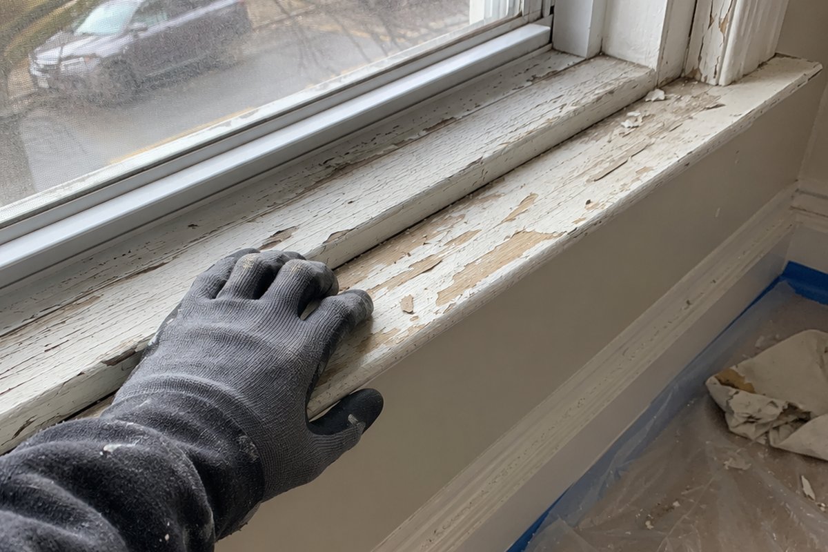 A gloved hand resting on a chipped, peeling painted window sill, with taped plastic sheeting and paint chips on the floor below.