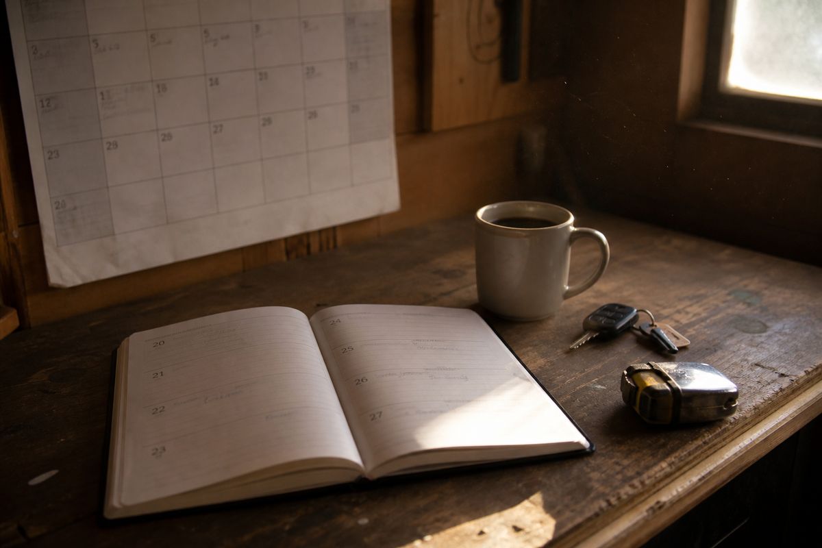 A wall calendar and week planner on a wooden desk beside a mug of coffee and truck keys.