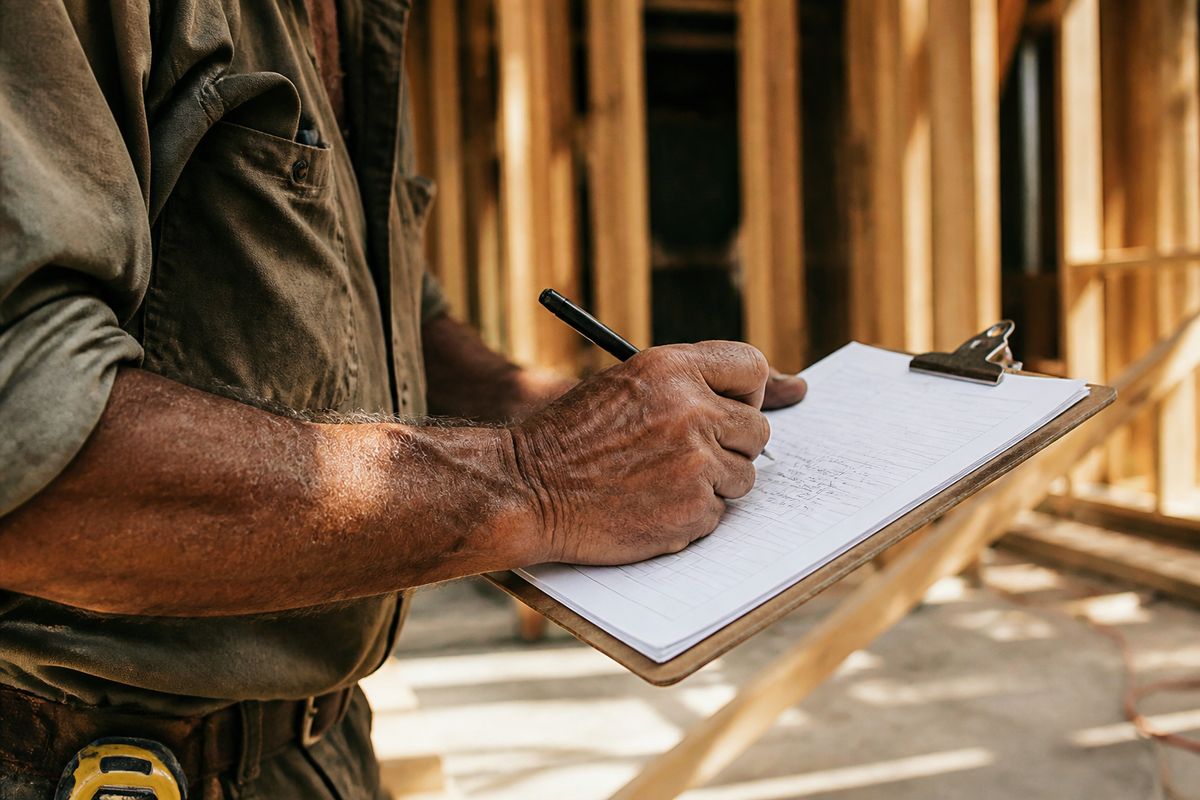 A contractor’s hands writing job notes on a clipboard on site.