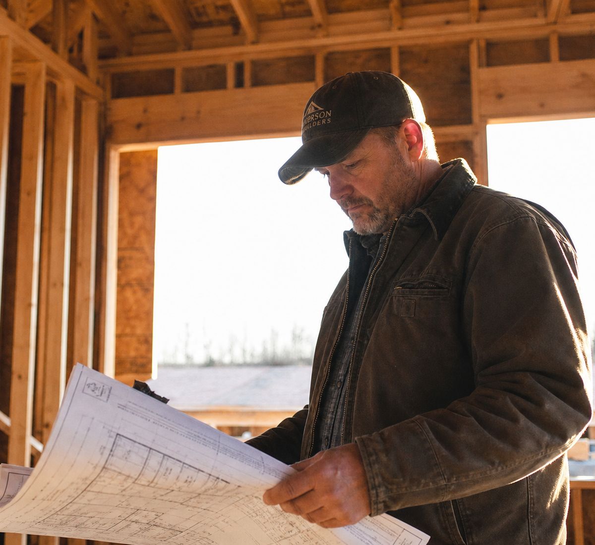 A contractor standing in a house under construction, studying a rolled set of plans.