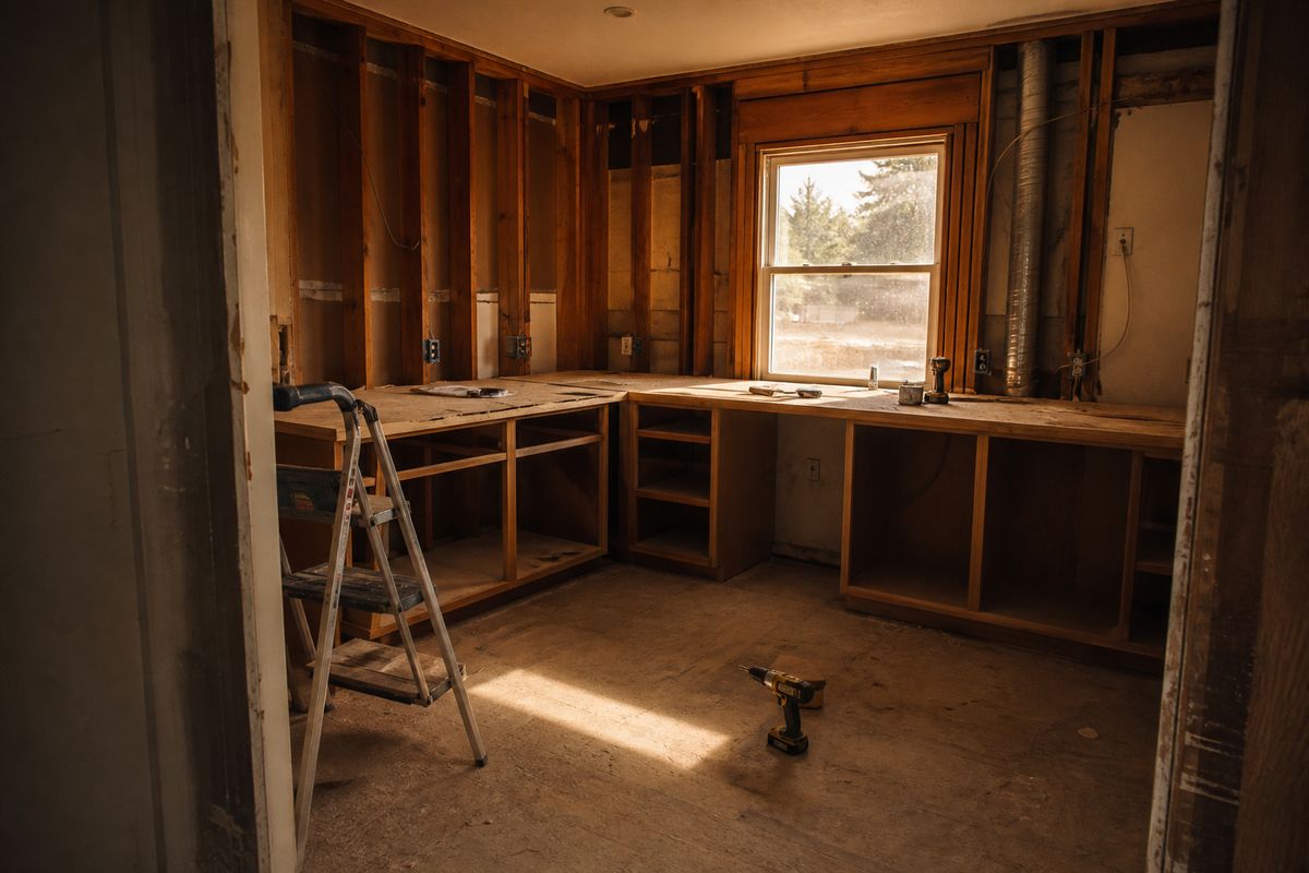 A kitchen mid-renovation with cabinet carcasses installed and a wall stripped to studs.