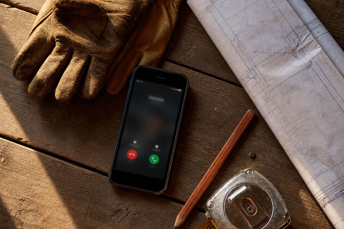 A phone showing an incoming call on a workbench beside work gloves and a folded blueprint.
